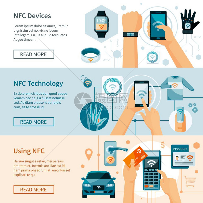 NFC技术水平横幅水平横幅用NFC技术数字设备光背景上隔离矢量插图图片