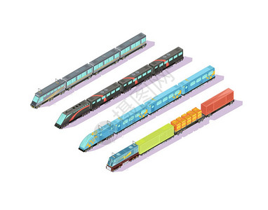 火车车厢编队中列车成的四个图像等距列车与清漆汽车行李列车矢量插图背景图片