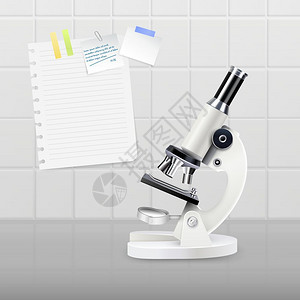 彩色逼真显微镜成彩色写实显微镜构图,白色显微镜站墙的桌子上,贴上矢量插图图片