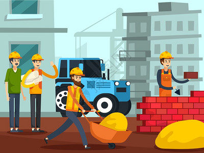 水泥建筑建筑工人人物平海报工人与工头施工场景建筑砖墙与城市房屋重机背景平矢量插图插画