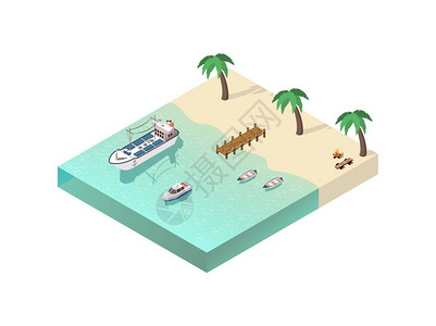 棕榈树象征等距海岸线成船舶等距成与热带海滩风景营火棕榈轻木船切割机货船矢量插图插画