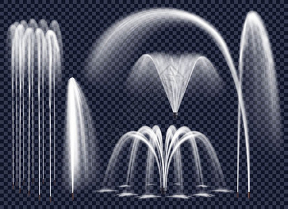 青青上合透明背景集上的真实喷泉真实的喷泉与水射流各种几何合的透明背景孤立矢量插图插画