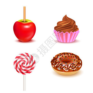 糖果现实的套糖果现实与太妃糖苹果棒棒糖甜甜圈纸杯蛋糕白色背景孤立矢量插图插画