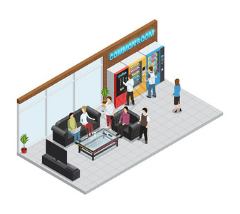 自动售货机成自动售货机等距构图与咖啡零食机矢量插图图片