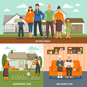 老人活动成老人与家庭露的人物成,室内放松户外园艺活动矢量插图图片