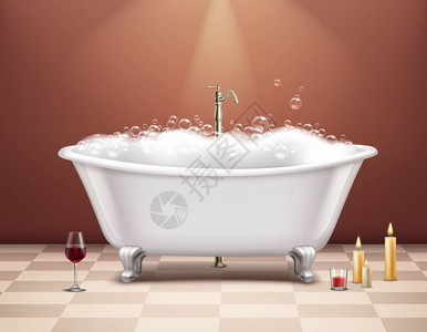 璃杯地板浴缸泡沫成分现实的白色浴缸与泡沫成浪漫的气氛与杯葡萄酒蜡烛矢量插图插画