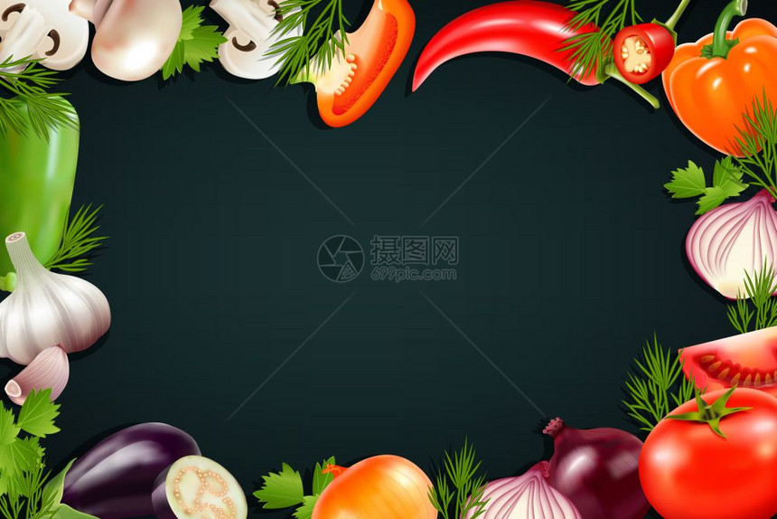黑色背景与彩色蔬菜框架黑色背景与彩色框架包含现实的蔬菜图标,如胡椒茄子,番茄,洋葱,蔬菜矢量插图图片