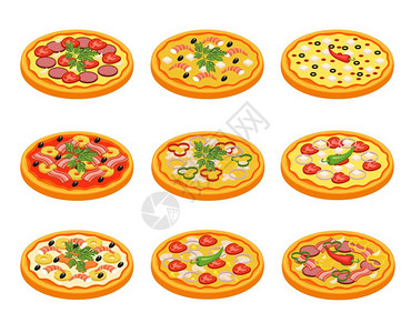 意大利食物披萨图标比萨饼图标水果蔬菜肉类鱼类平孤立矢量插图插画