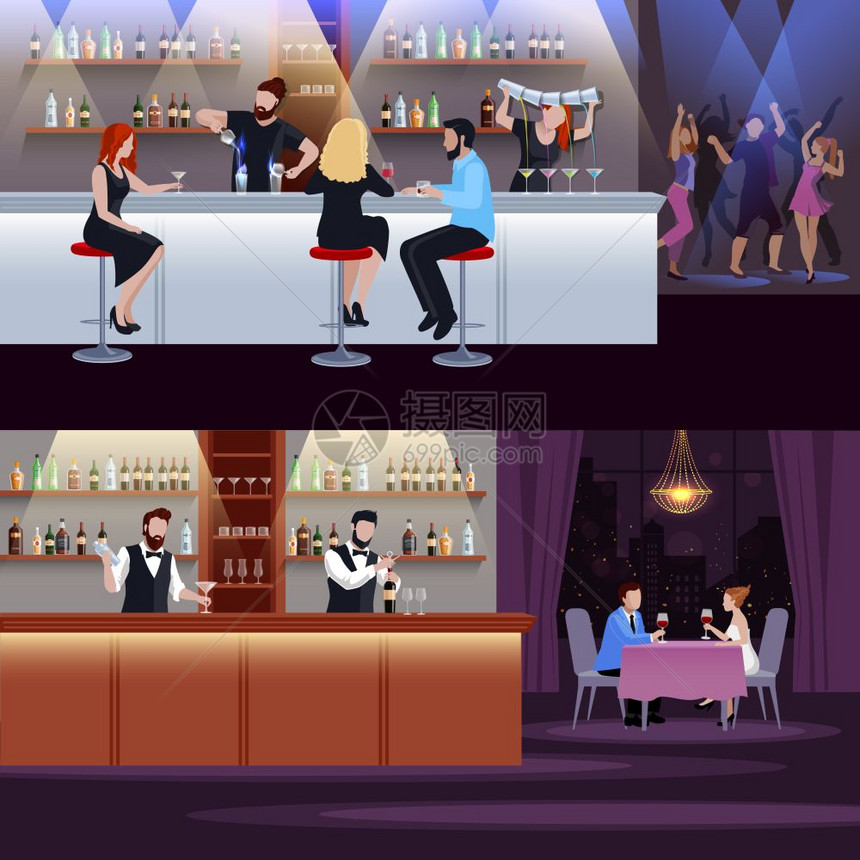 鸡尾酒人物合套装两个水平鸡尾酒的人成气氛酒吧餐厅矢量插图图片
