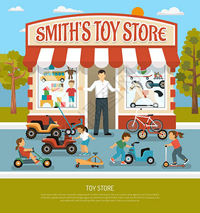 玩具店平背景儿童商店产品,儿童玩具商店成与精品建筑销售商婴儿自行车玩车矢量插图插画