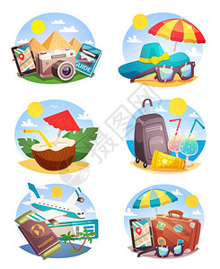 暑假作文集暑假套圆形构图与地标海滩配件热带鸡尾酒航空旅行孤立矢量插图插画