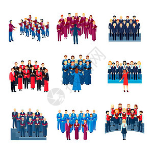 合唱演唱合奏平图标集合合唱平图标收集9个音乐合的歌唱人领导的指挥彩色孤立矢量插图插画
