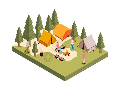 森林营地等距成户外森林派等距成与人数字营火帐篷的多边形树木矢量插图插画