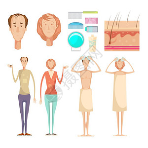 脱发元素脱发问题信息图元素与全长男女字符护肤矢量插图图片
