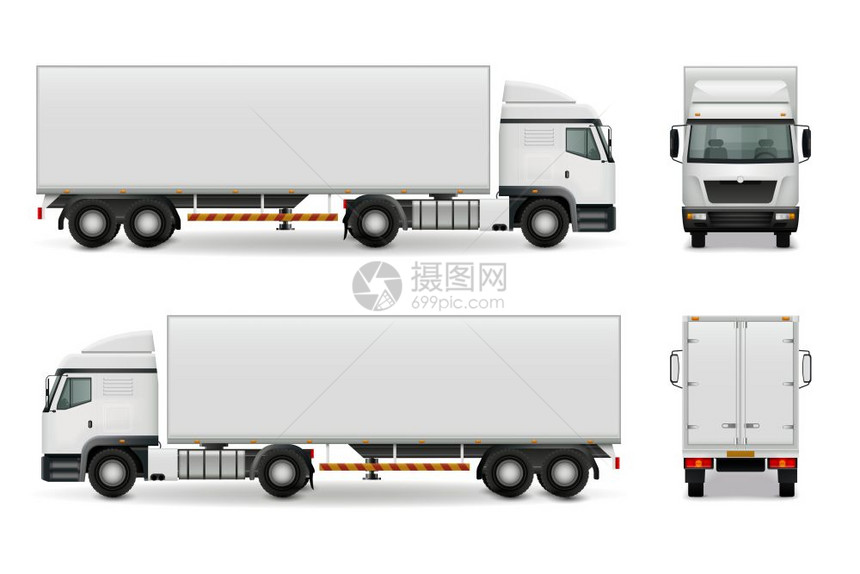 现实的重型卡车广告模型现实重型卡车与白色驾驶室拖车,侧视前后广告模型矢量插图图片