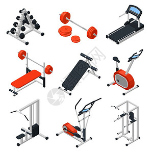 健身房设备等距健身房设备等距与训练符号隔离矢量插图图片