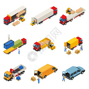 要素图标货物集的装载卡车等距的图像,车辆装载货物集装箱进入商业货运车辆矢量插图插画