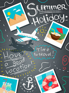 暑假理念暑假与飞机手绘引号旅游照片上的黑板矢量插图图片