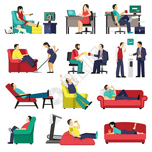 又懒又累的人设定懒惰疲惫的人办公室工作场所家里的沙发上矢量插图图片