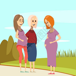 扁平妊娠成分平彩色怀孕作文与三名妇女公园散步矢量插图图片