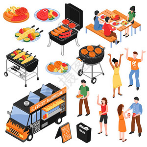 烧烤等距装置等距与肉类蔬菜烧烤人附近的汽车与街头烧烤孤立矢量插图图片