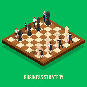 商业战略国际象棋等距人的商业与图像棋盘与棋子驱动的人字矢量插图背景图片