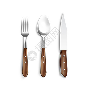 餐具与木制手柄现实餐具与木制手柄现实,包括叉刀勺子白色背景隔离矢量插图图片