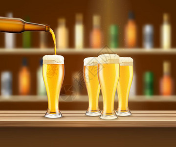 现实的啤酒插图四杯新鲜啤酒酒吧柜台现实矢量插图图片