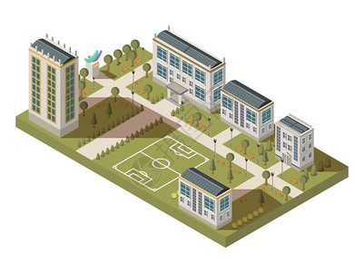 大沼泽地计划学生区等距景观等距大学大作文与校园庭院车道房屋阴影足球操场矢量插图插画