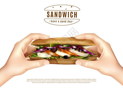 沙拉三明治健康三明治手,逼真的形象健康的多粒三明治与马苏里拉生菜番茄洋葱手现实广告白色背景海报矢量插图插画