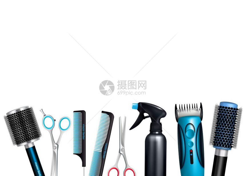 理发师工具背景理发师工具白色背景,包括刷子梳子喷雾器,各种剪刀修剪矢量插图图片