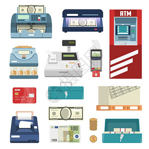 终端机器银行属图标银行属隔离彩色图标与收银机货币打印盒矢量插图插画