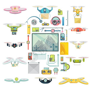 用途图标用无人机集平用各种飞行无线电控制无人机的同用途隔离白色背景矢量插图上插画