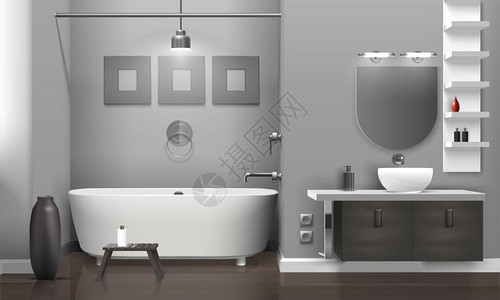 灰色银河货架现实的浴室内部现实浴室内部与白色浴缸水槽,装饰灰色墙壁,花瓶地板矢量插图插画