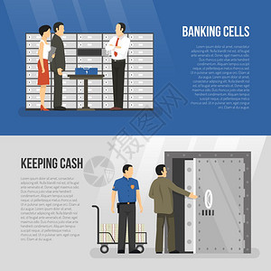银行横幅水平横幅与客户办事员站银行细胞附矢量插图图片
