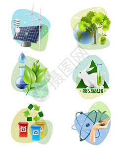 禁止浪费环境保护6个生态图标生态6图标清洁绿色能源发电机回收禁止动物测试孤立矢量插图插画