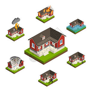 家庭保险等距集房屋保险等距收集与类似的孤立家庭图像受同类型的损害矢量插图的影响背景图片