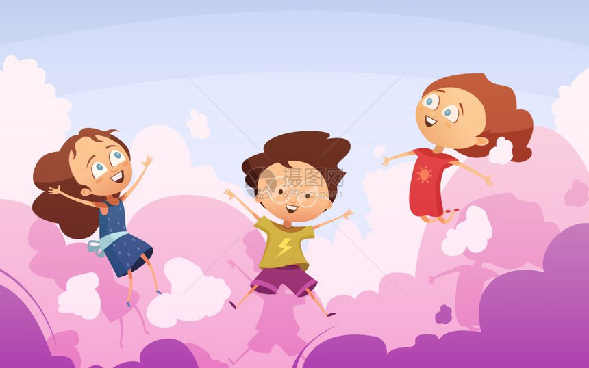 群顽皮的孩子跳玫瑰云上活跃的公司,嬉戏的学龄前儿童跳天空玫瑰云平矢量插图卡通风格图片