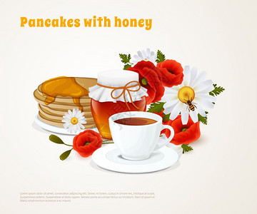 蜂蜜成分的煎饼煎饼与蜂蜜色成分煎饼茶早餐倒蜂蜜矢量插图图片