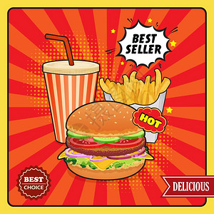 快餐漫画风格海报快餐漫画风格的海报与汉堡饮料薯条土豆红色流行艺术背景矢量插图背景图片