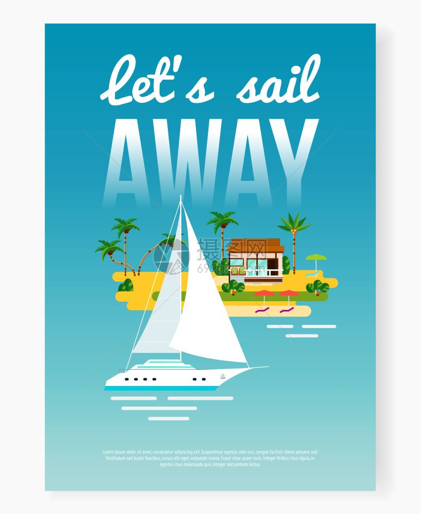 离开假期海报热带度假海报背景与平坦的海洋游艇岛屿与棕榈房子与文本矢量插图图片