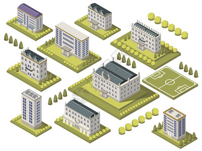 城市学院等距大学集等距大动场校园孤立矢量插图插画