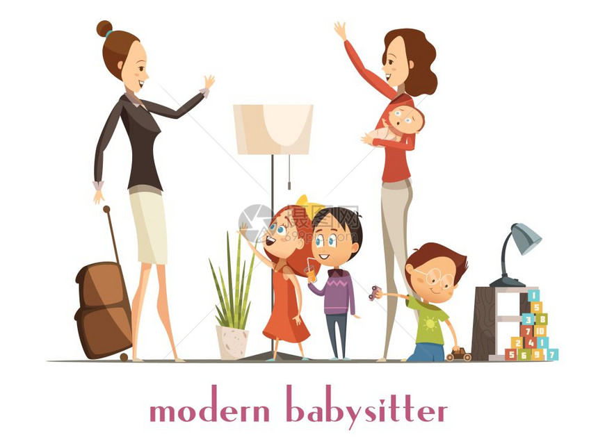 现代保姆服务卡通插图现代时尚保姆抱着孩子玩,挥手告别忙碌的母亲卡通矢量插图图片
