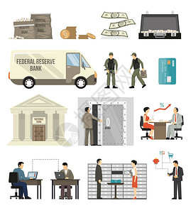 平银行套平套银行建筑职员客户钞票硬币隔离白色背景矢量插图图片
