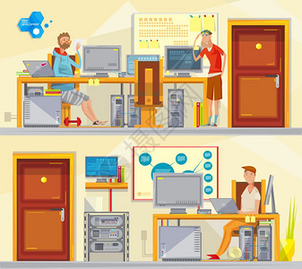 软件工程工作场所套两个软工程师私人办公室内部成卡通工人人物工作场所设备矢量插图背景图片