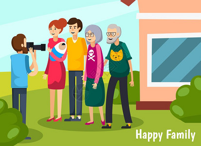 老人扁平构成彩色老人平构图与幸福家庭标题完整的大家庭矢量插图图片