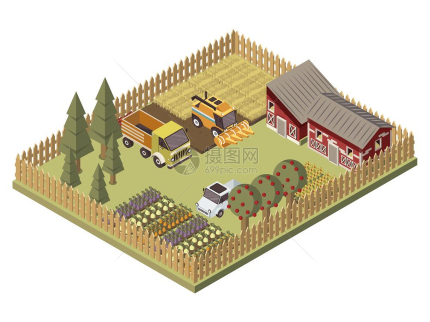 农用车辆等距农用车辆等距与农业建筑,耕地,苹果树,花园矢量插图图片