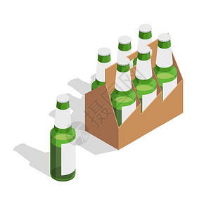 商务男与啤酒啤酒包装等距成分隔离啤酒包等距成与七个绿色璃瓶白色背景矢量插图插画