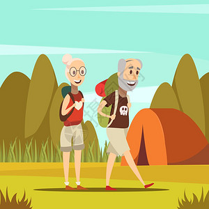 老人的背景老人背景与帐篷自然符号卡通矢量插图图片