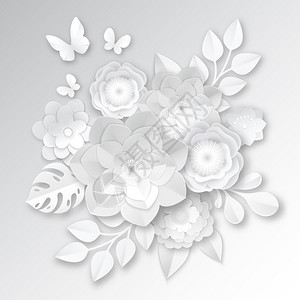 白纸花构图卡优雅的白纸切花三维新娘安排与怪物树叶蝴蝶手工现实矢量插图图片
